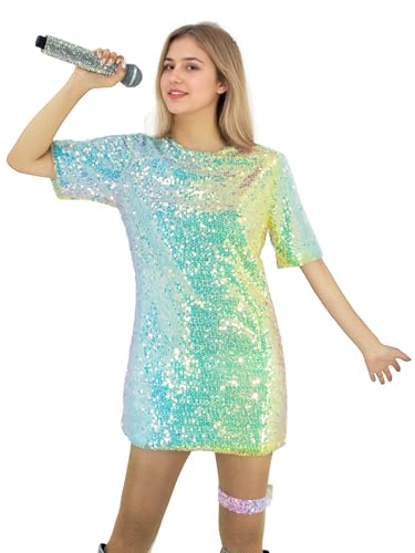 Gvnphal Women's Sparkly Sequin Mini Dress Short Sleeve T-Shirt Dress Casual Loose Cute Tunic Blouse with Fishnets Stocking S