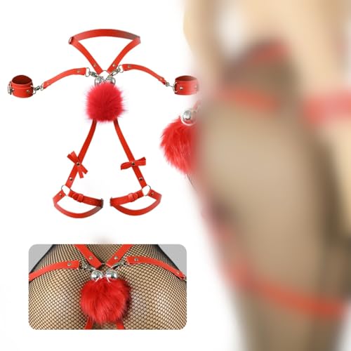 Männliches und weibliches Sexspielzeug Bondage BDSM Set mit Plüschschwanz und Glocke (DEB23) (Rot)
