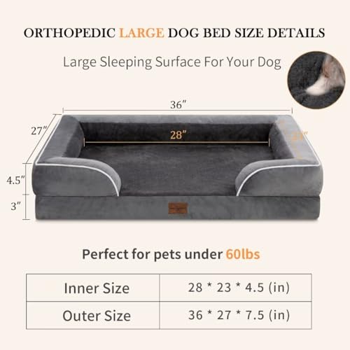 Comfort Expression Cooling Dog Bed for Large Dogs, Memory Foam Orthopedic Dog Bed, Waterproof Dog Beds, Washable Dog Bed with Removable Cover,Pet Bed Dog Sofa with Bolster(Large,Leaden Grey)