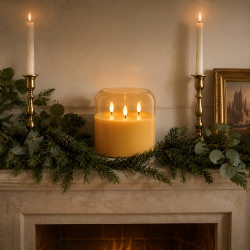 Image of Homemory 6 x 6 Inch Extra Large Flameless Candle, Rounded Rim Amber Glass 3-Wick LED Pillar Candle, Real Wax Battery Operated Candle with Remote Control and Timer for Home Decor