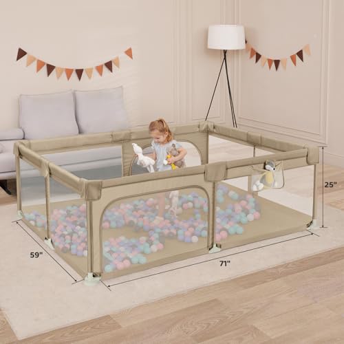 Image of Dripex Baby Playpen, 71 inchx59 inch Large Play Pen for Babies, Khaki | Included Portable Bag / Pull up Rings, Breathable Visible Mesh, Anti-Fall Design, Easy Setup, Indoor /Outdoor Use