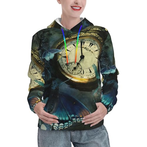 Sweat à capuche graphique imprimé papillon horloges pour femme style tendance d'automne avec poche