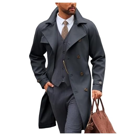 Runcati Sobretudo masculino trench coat transpassado lapela entalhada casual com cinto corta-vento outono clássico casaco longo, Cinza escuro, G