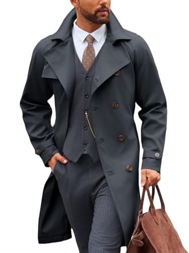 Image of Runcati Mens Trench Coat Double Breasted Notched Lapel Casual Belted Windbreaker Fall Classic Long Jacket Overcoat