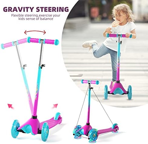 YMINA 3 Wheel Toddler Scooter for Kids 2 - 5 Years Old Boy Girl Kick Scooter Lightweight with 4 Adjustable Height PU Flashing Wheels Mini Scooter for Children