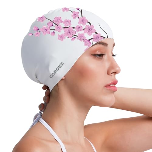 COPOZZ Women‘s Swim Cap for All Hair - Large, Comfortable Silicone Swimming Cap, Waterproof Design for Long, Short, Thick & Curly Hair | Secure & Comfortable Fit (Pink Plum blossom-12yrs+)