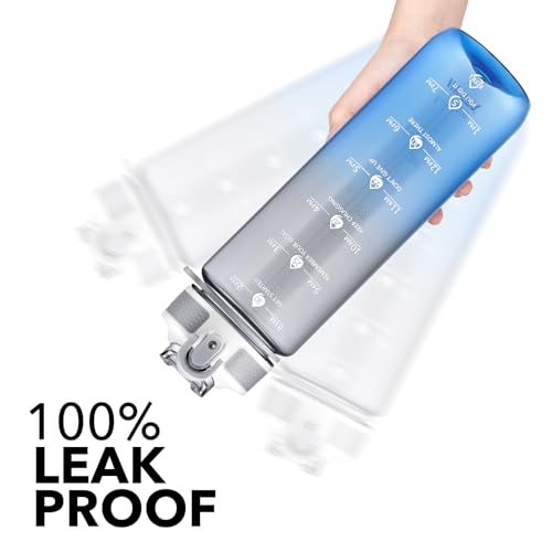 Image of Hyeta Plastic Water Bottle With Straw & Time Marker, 32oz Leakproof Jug | Motivational Tritan BPA Free Gym Office Outdoor Intake Tracker Hourly Reminder Straw Lid Lightweight