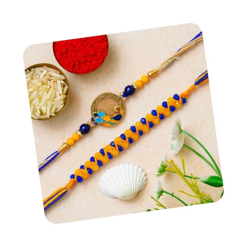 Image of eCraftIndia Set of 2 Kundan Beads Beautiful Peacock Designer Rakhis with Roli Chawal Pack