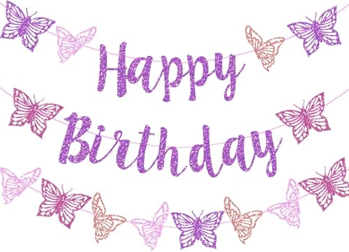 Bandiera Happy Birthday, Striscione Con Farfalle, Scritta Buon Compleanno, Decorazioni 3D da Appendere e da Parete Per Feste di Compleanno (Viola)