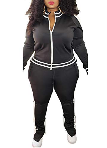 Hou Sweat Suits For Women Set - Womens Plus Size Two Piece Tracksuit Outfits Club Outfits Sweatsuit Stripe Patchwork Long Sleeve Skinny Pants Split With Zipper #TOP1