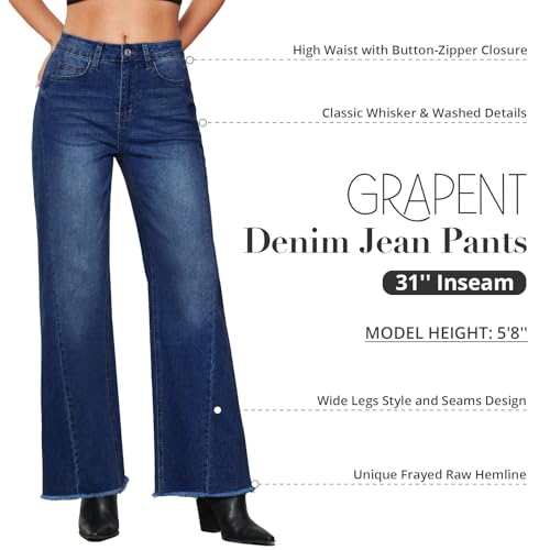 GRAPENT Wide Leg Jeans for Women High Waisted Trendy Strechy Denim Pants Side Seam Frayed Hem Baggy Work Trouser Jeans3