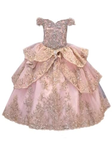 Mollybridal 2025 Off Shoulder Ball Gown Layers Gold Embellishment Mini Quinceanera Flower Girl Dresses for Toddler Teens