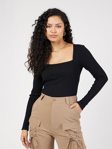 Image of SASSAFRAS Women's Slim Fit Full Sleeves Rib Square Neck Ribbed Basics - Casual Ribbed T-Shirt Tops