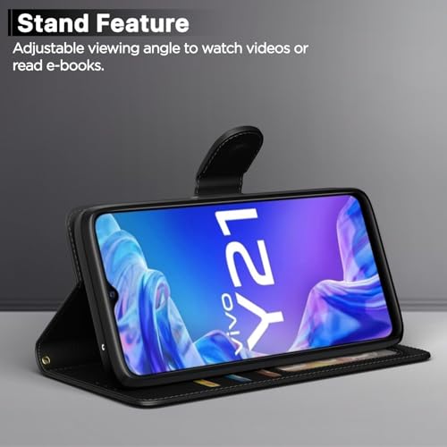 Image of Black Leather Finish Protection Flip Case Cover for Vivo Y33T / Y33S | Y21 / Y21A / Y21S / Y21e / Y21G | Magnetic Closure, Stand Feature, Card Slots - Light Weight Design (Black)