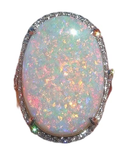 Women's Large 925 Silver Fire Opal Gemstone Ring Oval Cut Micro Mosaic Cubic Zirconia Ring Wedding Engagement Ladies Jewelry Size 6-10