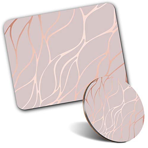 Rectangle Mouse Mat & Round Coaster Set - Rose Gold Marble Effect 20 cm & 9 cm for Computer & Laptop, Office, Gift, Non-slip Base #2452