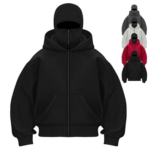 Balaclava Hoodie with Built In Balaclava, Double Hooded Zip Jacket Wind-resistant Winter Hoodies for Men