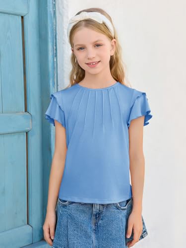 Image of Haloumoning Girls Pleated Ruffle Short Sleeve Shirts Kids Summer Crewneck T-Shirts Fashion Tops Tees 5-14 Years