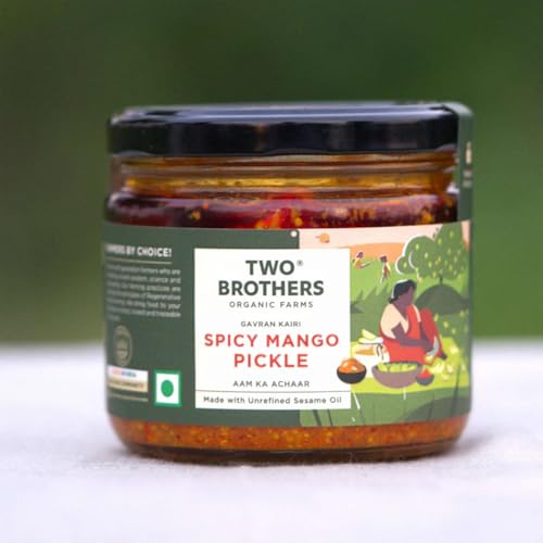 Image of Two Brothers Organic Farms Spicy Mango Pickle (300g) Handmade with Native Gavran Kairi | Wood-Pressed Sesame Oil | No Vinegar, Additives or Preservatives | Traditional Family Recipe