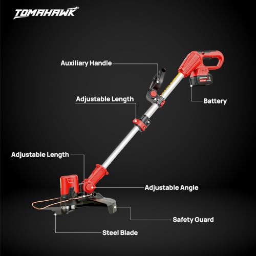 Image of Tomahawk PBC-4200 20V Cordless Brush Cutter, 100% Copper Motor, 3.0Ah x 2 Batteries, Digital Battery Indicator, Adjustable Length Shaft, 400mm Cutting Width | Weed Trimmer with Blade & Rope Attachment