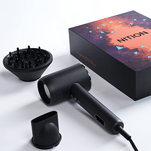 Nition Compact Hair Dryers Powerful 1875 Watt. With Diffuser,Concentrator.small Blow Dryer For Quick And Smooth Drying. Led 3 Speeds, 3 Heats, Cool Button.low Noise. Lightweight,Black #TOP7