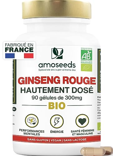 Panax Ginseng Rouge BIO de Corée | Extra Fort 900mg / jour | Énergie, Vigueur, Anti-stress, Concentration | 90 gélules de 300mg | Qualité Supérieure