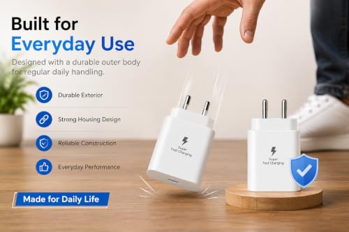 Image of Zybux 25W Type-C SuperFast Charger Adapter Compatible with Samsung Galaxy S26 Plus,S26, S25, S24, Ultra, USB C PD Wall Charging Adaptor for Android Smart Phone, White, Safe Reliable Compact Design