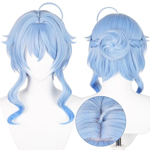 maysuwell Ganyu Anime Light Sky Blue Wigs with Bangs Short Wavy with Buns for Women COS Game Wig Twilight Blossom Cosplay Wig Halloween,Christmas,Comic con,Stage Show,Party