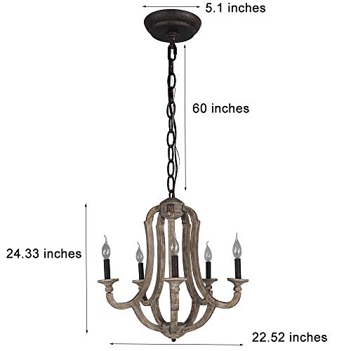DOCHEER Cottage Vintage 5-Light Wood Metal Chandeliers 10137 Shabby Chic Wooden Chandelier Foyer Lighting for Home Decor Dining Room, Bedroom, Living Room, Kitchen Island, Bathrooms,Hallway