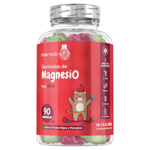 Gominolas de Citrato de Magnesio para Niños 727mg, 90 Gominolas Veganas, 80mg de Magnesio Puro, 3 Meses de Suministro - Sabor a Frutos Rojos y Manzana, De 3 a 12 Años de Edad, Sin Gluten ni Lactosa