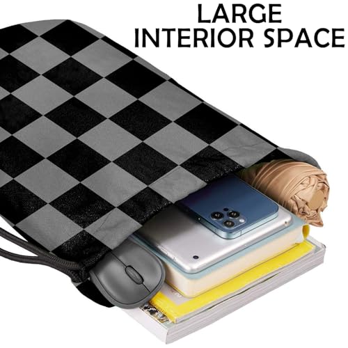 Drawstring Backpack Draw String Bag Waterproof for Sports Gym Beach Travel Cute Aesthetic Sackpack Men Women (13"×17")-Black Gray Checkered4