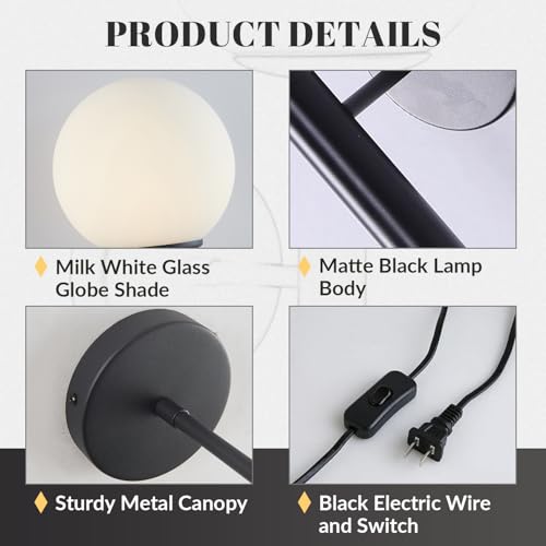 Image of KCO Lighting Plug in Wall Sconce Light Black Vintage Industrial Wall Light White Glass Shade Bedside Wall Lamp for Bedroom Stairs Hallway(Black Plug in)