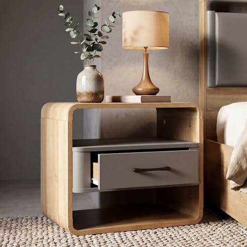 Mendler Mesita de noche HWC-P43, mesilla de noche, cajonera de madera de densidad media, 40 x 48 x 44 cm, aspecto de roble Rivera, gris oscuro