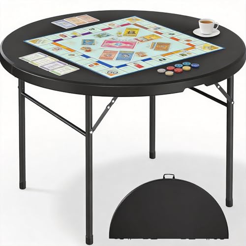 DWVO 48 Inch Folding Table for Outdoor/Indoor Round Folding Table w/Sturdy Metal Frame Lightweight Yet Thick Table Top Ideal for Patio Backyard Dining Room Events Black