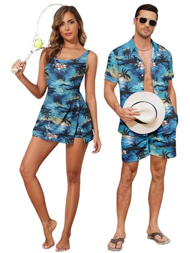 Matching Hawaiian Outfits Beach Vacation for Couples Tropical Print Women One Piece Swimwear or Men Shirt Suit