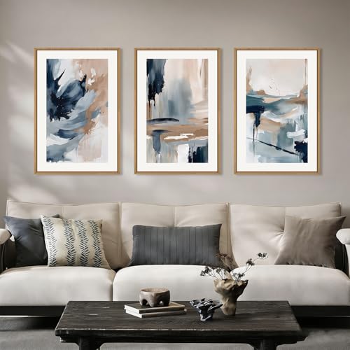 Aryroi Abstract Navy Blue Framed Canvas Wall Art Set,Neutral Brush Stroke Wall Decor,Watercolor Pastel Brown Artwork,Modern Minimalist Color Block Art Print For Living Room,Bedroom,Office-24 x36 x3