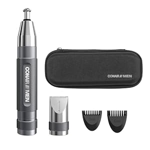 Conair Men Ear, Nose and Eyebrow Trimmer, Patented 360° Bevel Blade for No Pulls, Nicks or Cuts Guaranteed, Nose Hair Trimmer for Men, Non-Slip Grip, 5-Piece Kit with Travel Case