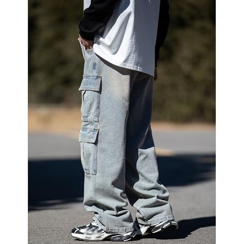 Baggy Cargo Pants for Men Loose Fit Casual Trendy Hip Hop Streetwear 90s Wide Leg Denim Pants with Flap Pockets4