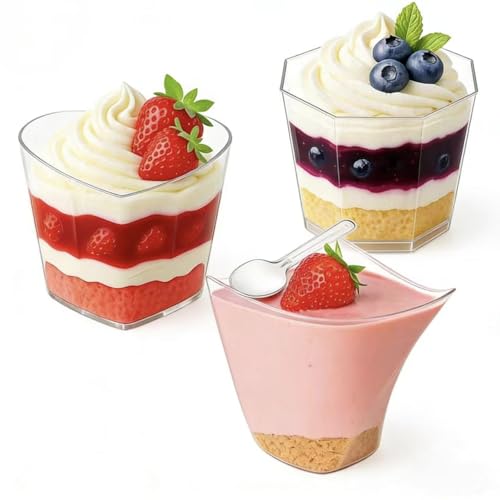 YUEONEWIN 75 Stück Dessertgläser Plastik 150ml(5oz) Dessertbecher Plastik mit Löffel- 3 Verschiedene Designs Wiederverwendbar Desert Becher für DIY Desserts Mousse Eiscreme Pudding Party Picknick