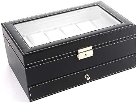 PENGKE Watch Box Organizer 2 Tier PU Leather Watch Case Display Organizer for Jewelry Watch,Rings,Lock and glass top