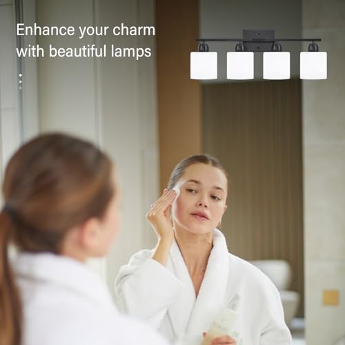 Image of 4-Light Black Bathroom Vanity Light, Light Fixtures with Milky White Frosted Glass Shades, Black Vanity Light for Bathroom Mirror, Bedroom, Living Room, Vanity Table, E26 Base