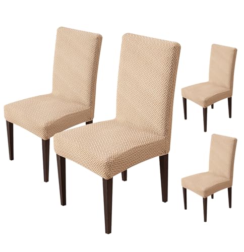 Image of House of Quirk Elastic Jacquard Chair Cover Stretch Removable Washable Short Dining Chair Cover Protector Seat Slipcover (Pack of 4, Khaki)