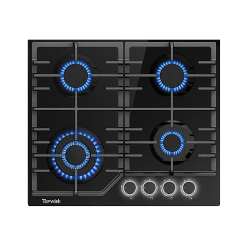 TOPWISH cocina de gas 4 fuegos,cocina de gas,placa de gas,cocina gas con blanco mando giratorio iluminado,natural/propano convertible,válvulas de seguridad,apagado automático, vitrocerámica,8000 Watt