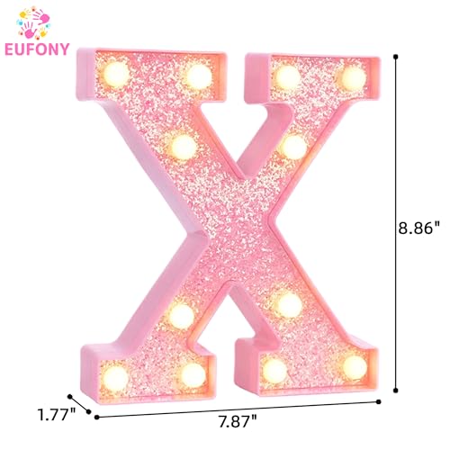 Image of Pink Marquee Light Up Letters, Glitter Alphabet LED Letter Lights for Pink Birthday Party Decorations, Battery Operated Letter Sign for Girls Room Vanity Table Decor, Warm White Lights Letter X