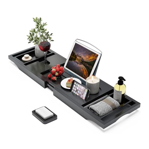MantraRaj Bamboo Bath Tray - Extendable Bath Caddy Trays for Bathtub Accessories with Tablet Phone Slots, Candle Mug/Cup Holder, Bathroom Organiser, Wooden Bath Trays For a Home Spa Experience Black