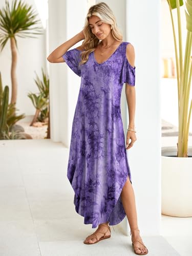 Image of BELAROI Womens Cold Shoulder Maxi Dress Plus Size V Neck Summer Sundresses with Pockets Beach Coverup Vacation Outfits