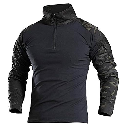 FENG T-Shirt de Combat Militaire Tactique pour Hommes à Manches Longues Chemise Camo Coupe ajustée Uniforme Militaire Accessoires Airsoft Chasse randonnée (CP Black,S)