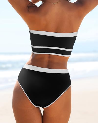 Yonique Bandeau Bikini Strapless Swimsuit - Two Piece High Waisted Bathing Suits Black M - Image 2