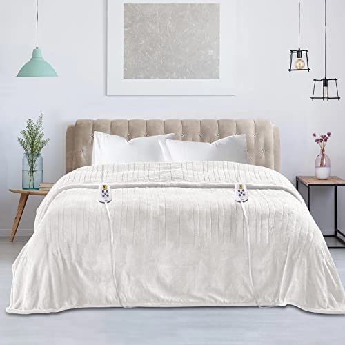 Heynemo Electric Blanket Queen Size With Dual Control, Heated Blanket For 89°F-108°F 10 Heating Levels Heating Blanket With 1-12 Hours Auto Shut Off, Cream #TOP5