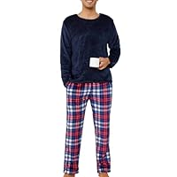 Lovasy Fleece Schlafanzug Herren Lang Winter Warm Pyjama Set Zweiteiliger Herrenschlafanzug Langarm Frottee Schlafanzüge für Herren,Blau/Kariert,M